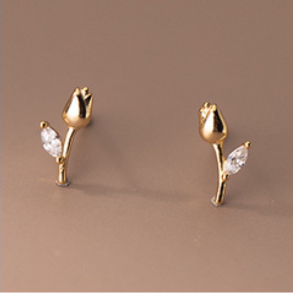 Hp Gold Silver Tulip Rose Crystal Dainty Minimalist Stud Post Earrings
